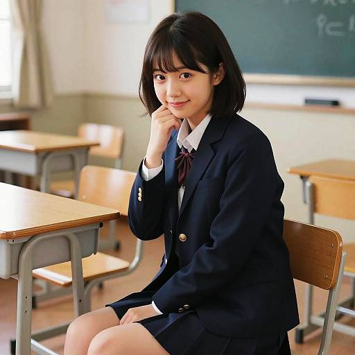 Photograph of a young Asian woman with short black hair, wearing a navy blue school uniform, sitting in a classroom, smiling, with desks and chalk