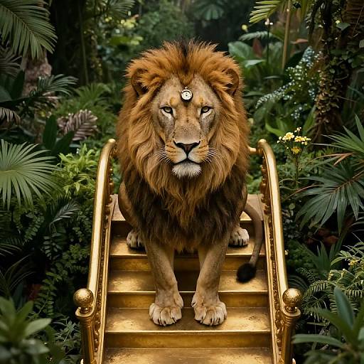 Photograph of a majestic lion with a golden staircase and a third eye on its forehead, surrounded by lush, green jungle foliage.