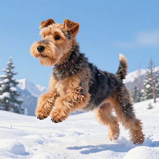 Photograph of a lively, tan and black Scottish Terrier running in a snowy landscape with evergreen trees and a bright blue sky.