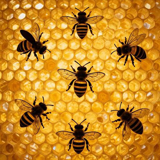 Photograph of six black bee silhouettes with striped abdomens and translucent wings, flying in a circular pattern on a glowing, honeycomb-patterned