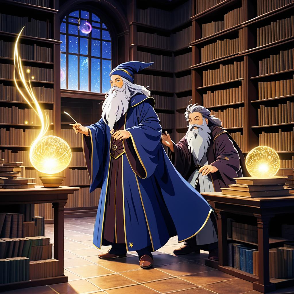 Whimsical Wizard and Apprentice in Library