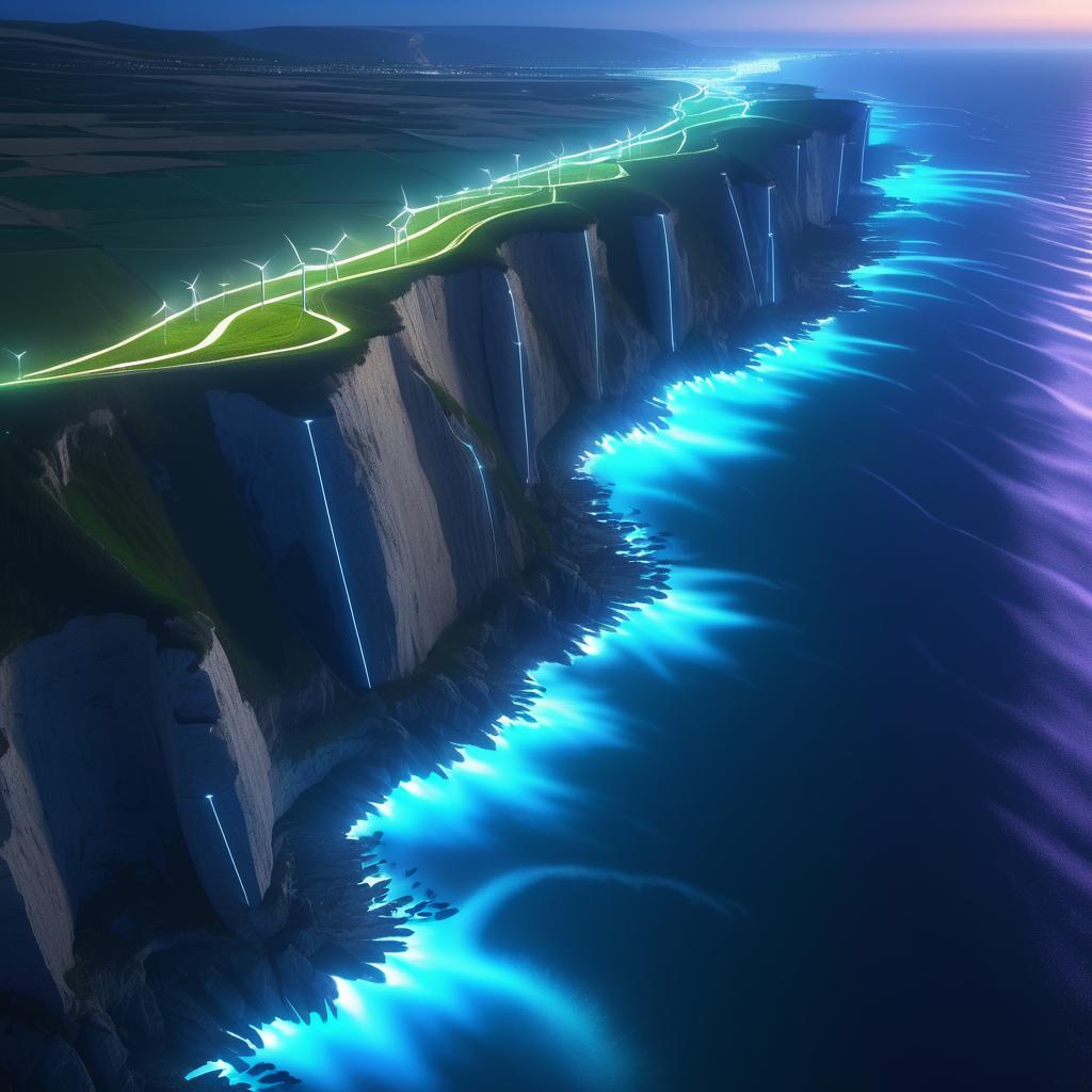 Futuristic Coastal Wind Farms at Dusk