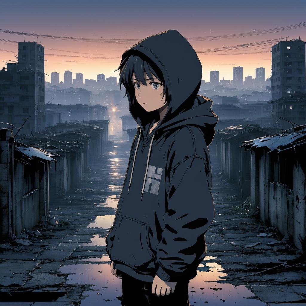 Sorrowful Child in Dystopian Cityscape