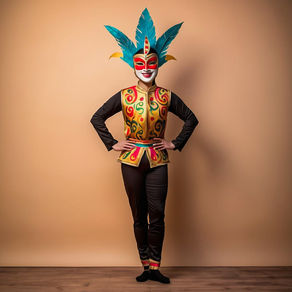 Colorful Performer with Artistic Wooden Mask