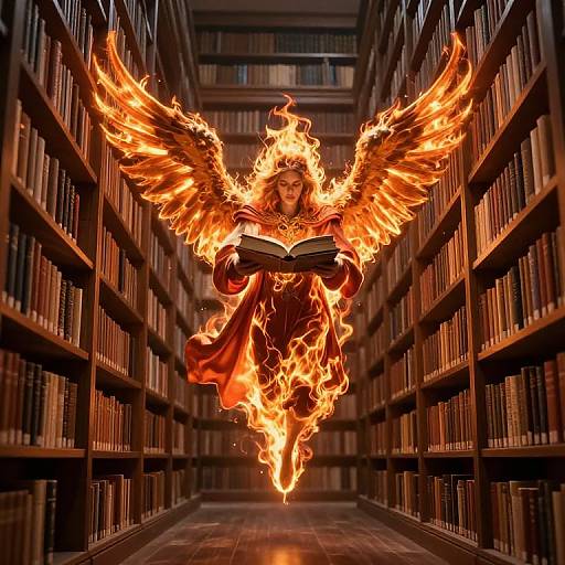 Scholarly Figure Soaring with Fiery Wings