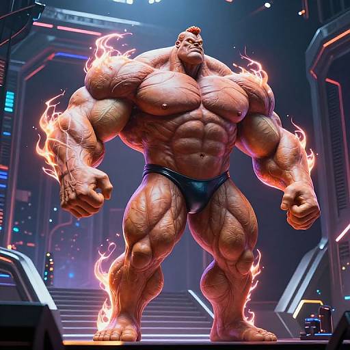 CGI image of a hyper-muscular, bald, orange-skinned superhero with flames around his arms, wearing black briefs, standing in a