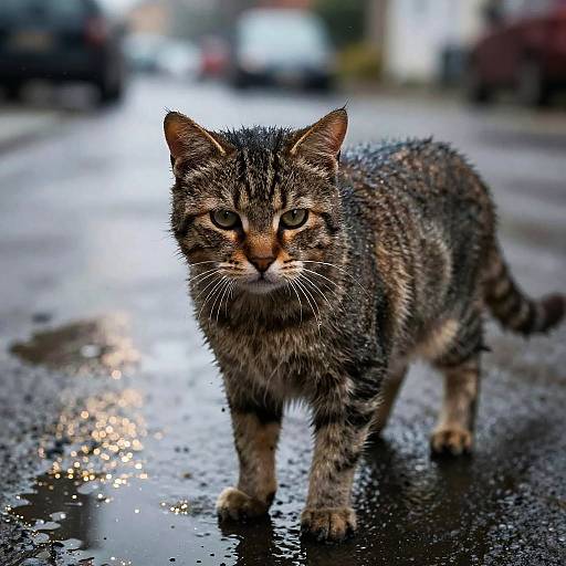 Sad Wet Cat on Rainy Street