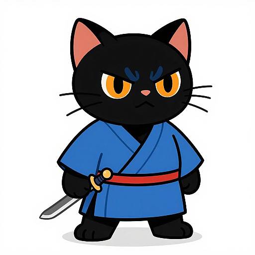 Cartoon black cat with yellow eyes, wearing a blue kimono with red belt, holding a knife, standing defiantly. Digital art style.