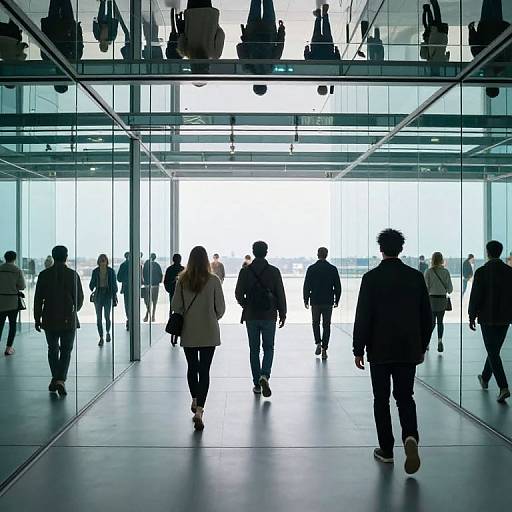 Photograph of a modern glass-walled building interior, silhouetted people walking in and out, bright white light in the background.