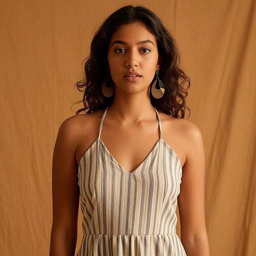 Photograph of a young woman with medium brown skin and curly black hair, wearing a white, striped halter dress and large hoop earrings, standing against