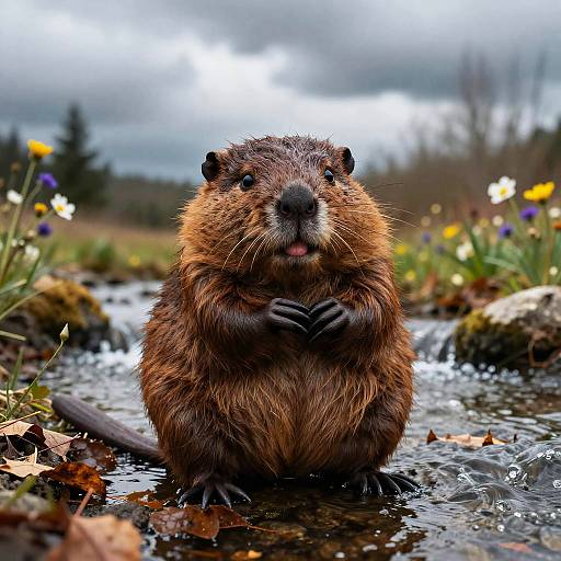 Photograph of a cute, wet, brown beaver standing in a shallow stream, hands clasped, tongue out, surrounded by colorful wildflowers and