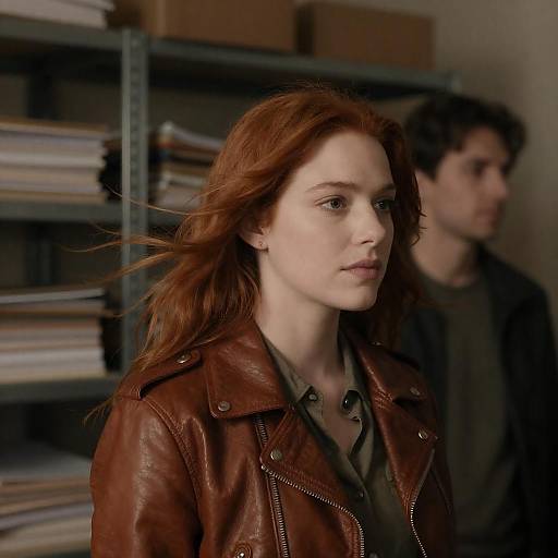 Wind-Blown Redhead in Leather Jacket