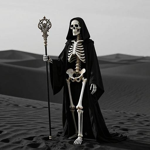 Black Cloaked Skeleton in Desert