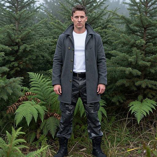 Photograph of a serious-looking man with short brown hair, wearing a dark gray coat, white t-shirt, black cargo pants, and boots, standing