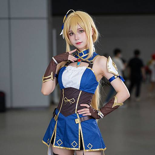 Photograph of a young woman with long blonde hair, blue and brown cosplay outfit, white chest piece, blue skirt, gold accents, and brown gloves