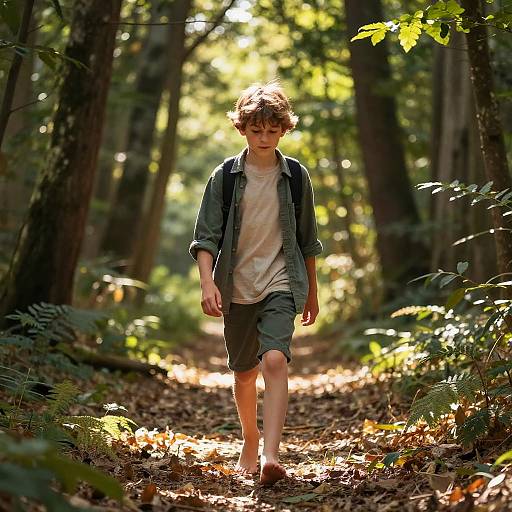 Photograph of a young boy with curly brown hair, wearing a gray shirt and khaki shorts, walking barefoot on a sunlit forest path,