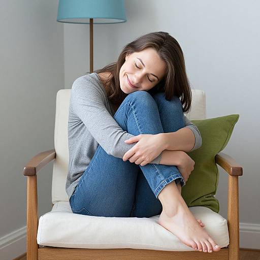 Photograph of a smiling woman with fair skin and long dark hair, wearing a gray long-sleeve shirt and blue jeans, sitting barefoot on