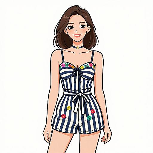 Digital illustration of a smiling woman with fair skin and brown hair, wearing a striped, floral-embellished, strapless romper, against a