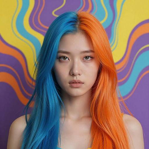 Woman with Split Blue and Orange Hair Against Psychedelic Background