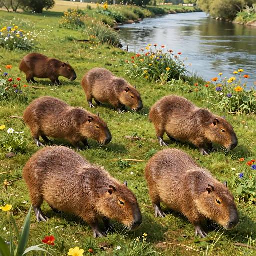 Capybaras Grazing by Riverside Meadow