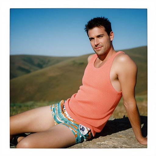 Man in Coral Tank and Patterned Swim Trunks