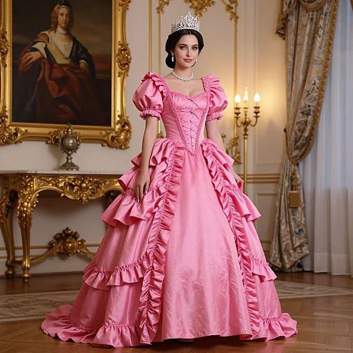 Photograph of a young woman in a pink, ruffled ball gown with puffed sleeves, silver tiara, pearl necklace, standing in an op