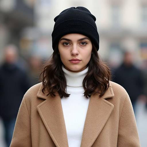 Photograph of a young woman with medium skin tone, dark wavy hair, wearing a black beanie, white turtleneck, and beige coat