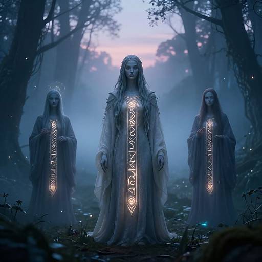 Digital artwork of three ethereal, blue-lit women in flowing white robes with glowing runes standing in a misty, blue forest.
