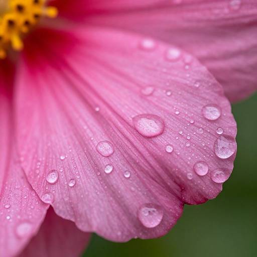 Close-up photograph of a pink flower petal with dewdrops, vibrant pink and yellow center, detailed texture, soft focus background.