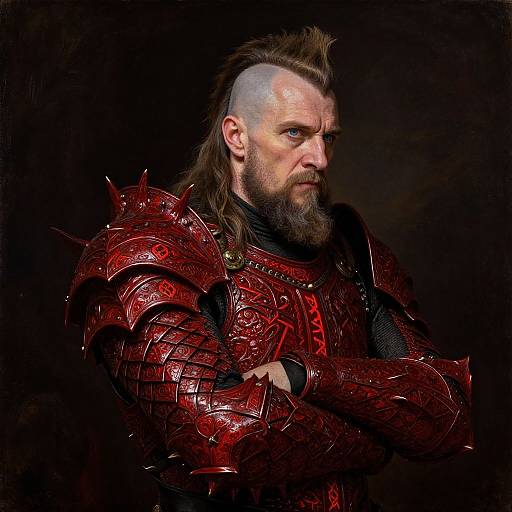 Photorealistic digital portrait of a serious, bearded man with a mohawk, wearing detailed, red, spiked medieval armor against a dark background.