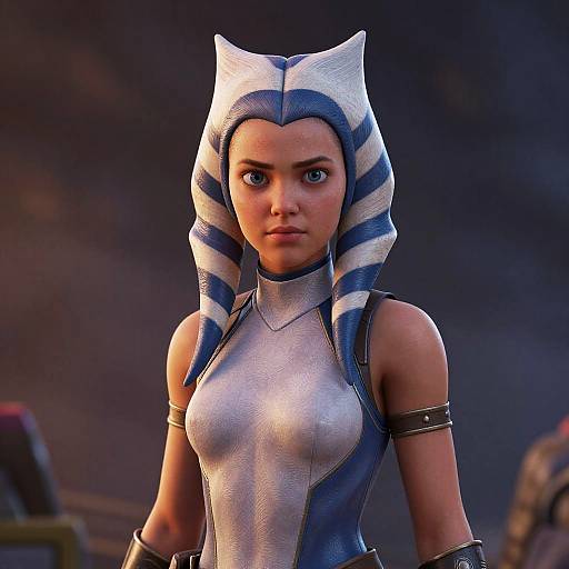 CGI image of Ahsoka Tano, a blue and white lekku-wearing female character from Star Wars, with a serious expression,