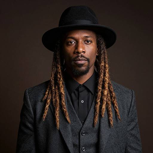 Photograph of a serious Black man with dreadlocks, wearing a black hat, black shirt, and dark gray blazer, against a dark background.