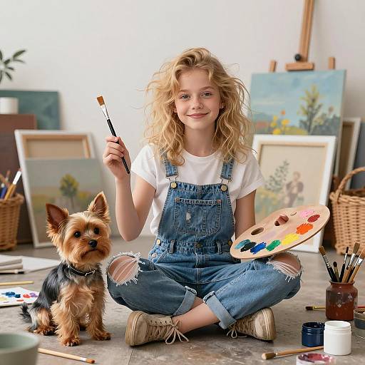 Young Girl Painting with Yorkshire Terrier