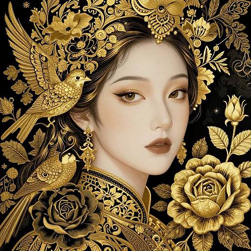 Digital portrait of a serene Asian woman with flawless skin, golden eyes, and delicate features, adorned with intricate gold floral and bird motifs, surrounded by large