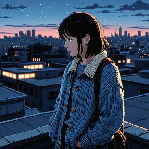 Anime Woman on Rooftop at Dusk