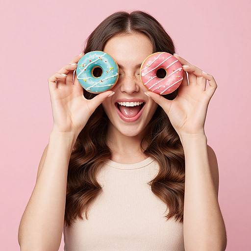Photograph of a smiling woman with long brown hair, wearing a white sleeveless top, holding a blue and pink donut over her eyes against a