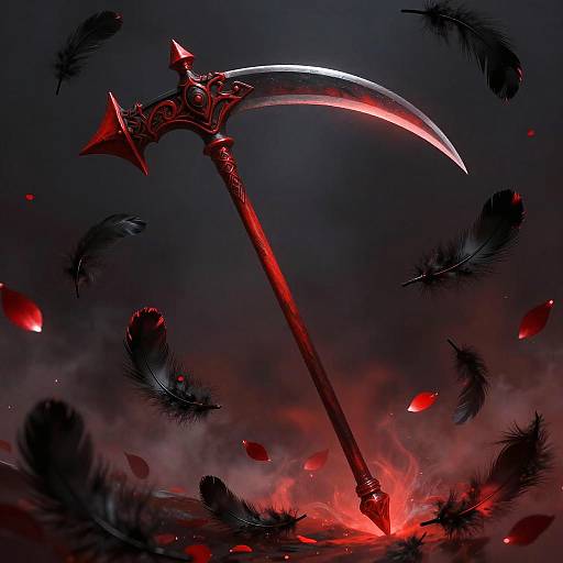 Digital artwork of a glowing red scythe with ornate handle, surrounded by black feathers and red embers, against a dark, smoky background.