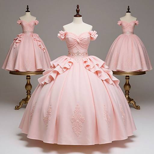 Photograph of three vintage-style pink ball gowns on mannequins, each with intricate embroidery and ruffled skirts, displayed on ornate wooden