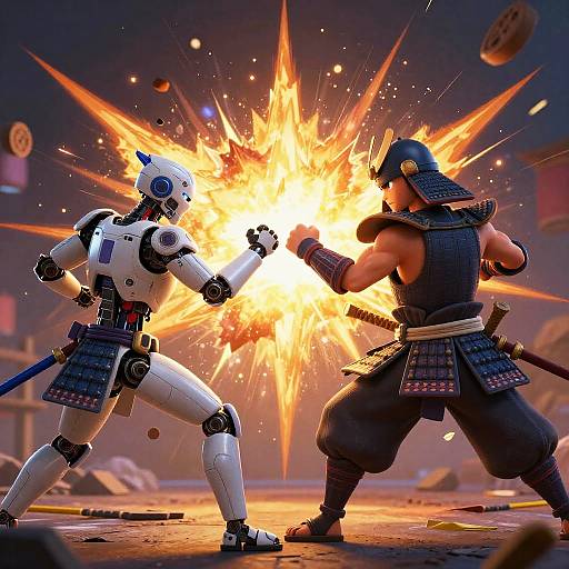 CGI image: Robotic samurai and muscular human samurai clash, exploding in a burst of fire and sparks, wearing traditional armor.