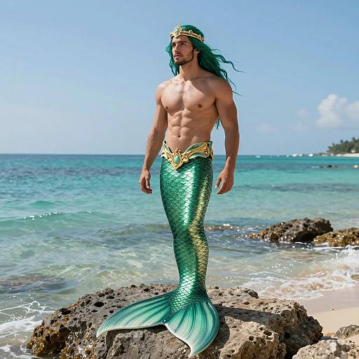 Shirtless Man in Green Mermaid Costume on Rocky Beach