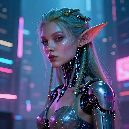 Digital art of a futuristic, blonde elf woman with long hair, glowing blue eyes, and large orange ears, wearing metallic cybernetic armor in a