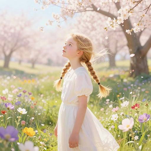 Blonde Girl in Flower-Filled Spring Valley