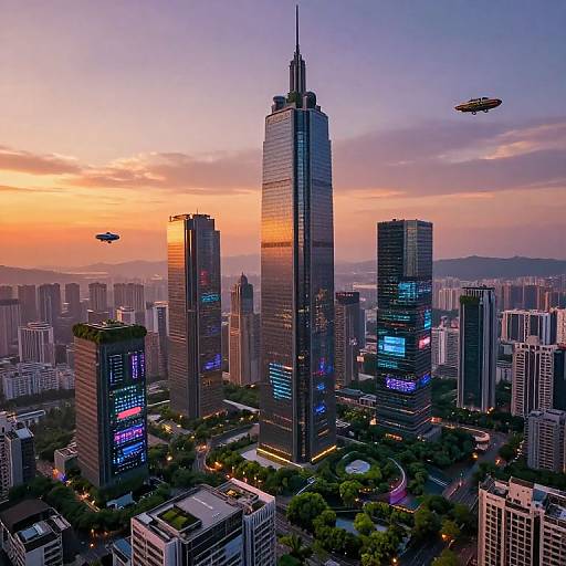 Photograph of a futuristic cityscape at sunset, featuring towering glass skyscrapers with neon lights, two flying drones, and a vibrant orange-pink
