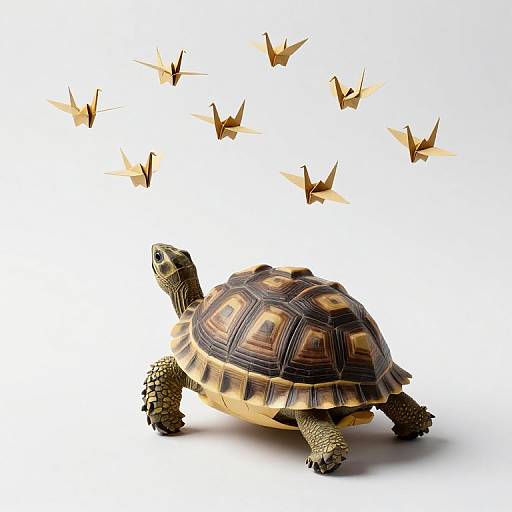Photograph of a realistic, detailed turtle with brown and yellow shell, looking up at eight small, golden paper birds flying above.