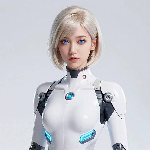 Digital CGI image of a young woman with short blonde hair, blue eyes, wearing a white, futuristic, armored suit with blue accents.