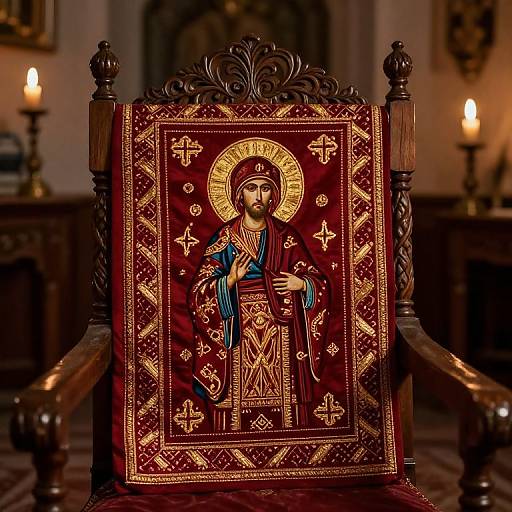 Photograph of an ornate, richly embroidered, red and gold religious chair featuring a detailed, haloed, bearded Jesus figure, set in