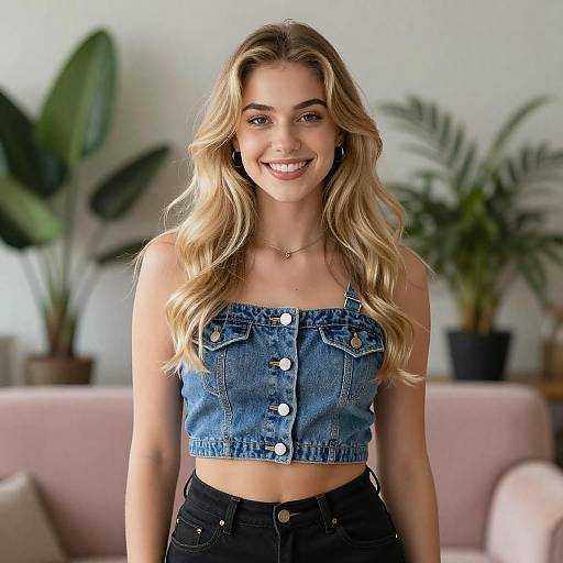 Smiling Woman in Denim Crop Top
