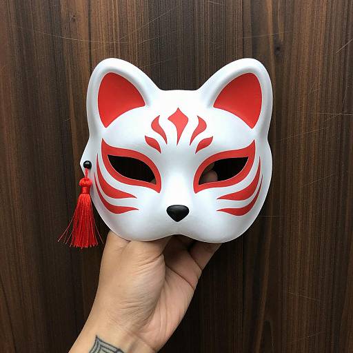 Hand Holding White Fox Mask with Red Markings