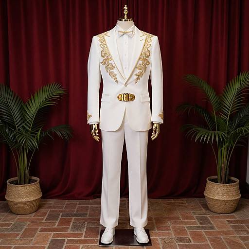 Photograph of a headless white suit mannequin with gold embroidery, standing on a brick floor, against a red curtain, flanked by p