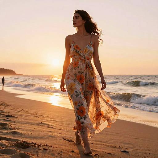 Photograph of a woman in a flowing floral sundress walking on a sandy beach at sunset, with the sun casting a golden glow. Waves and a